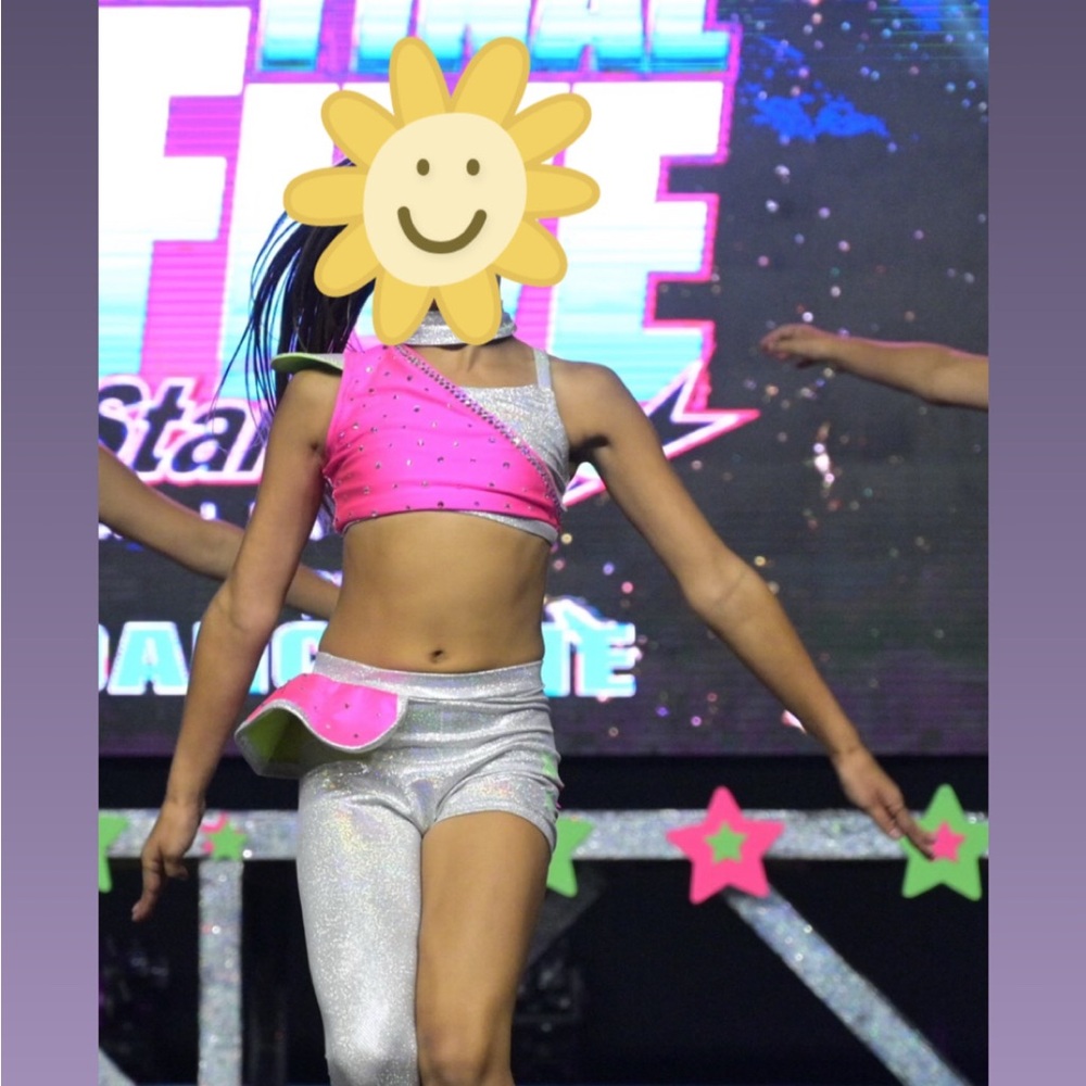 Girls Pink and Silver Dance Costume Crop Top and Shorts fully custom and stoned!